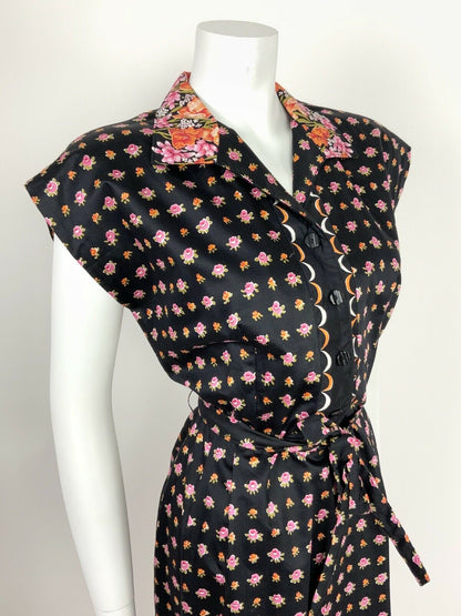 VTG 60s 70s BLACK ORANGE PINK OLIVE FLORAL SCALLOPED SHIRT WAIST DRESS 12 14