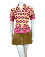 VINTAGE 60s 70s YELLOW PINK BROWN GEOMETRIC AZTEC MOD CROPPED BLOUSE 14 16