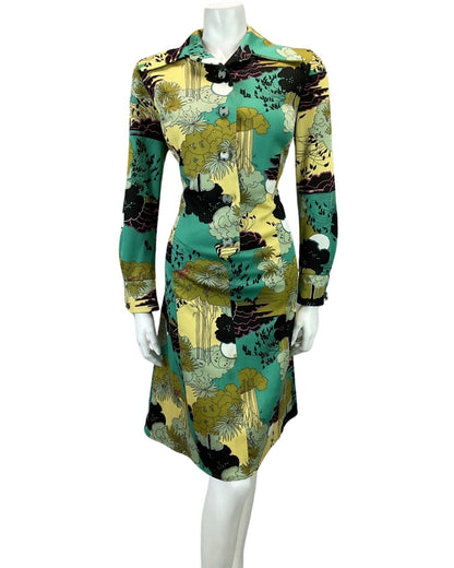 VINTAGE 60s 70s PASTEL YELLOW GREEN BOTANICAL PRINT MIDI DRESS 16