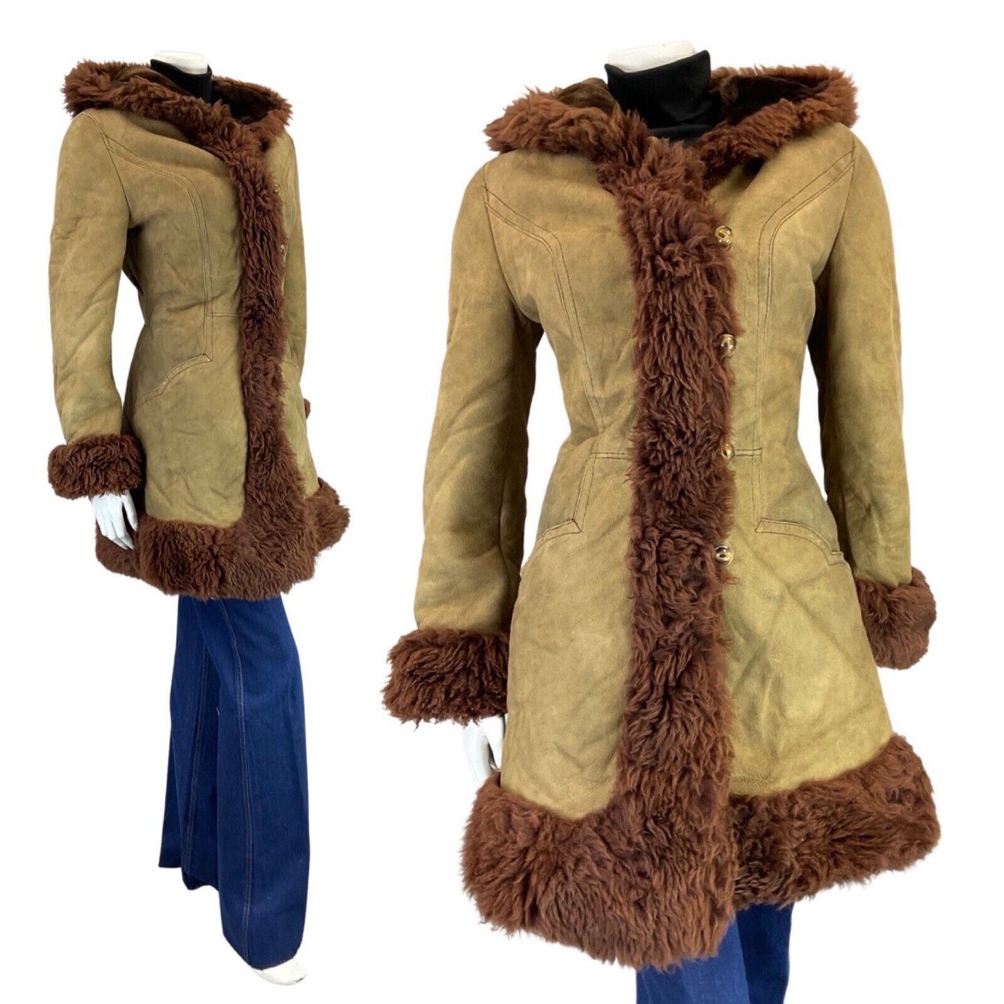 VINTAGE 60s 70s SOFT BROWN HOODED SUEDE PENNY LANE SHEARLING COAT 8 10