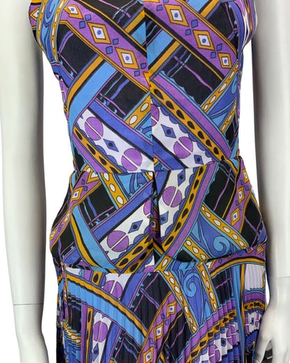 VINTAGE 60s 70s PURPLE BLUE ORANGE FUNKY PRINT PLEATED MIDI DRESS 8 10