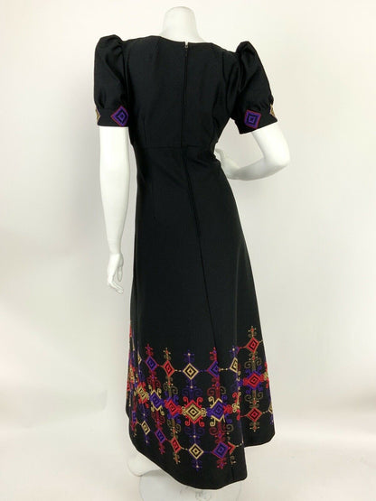 VTG 60s 70s BLACK PURPLE PINK GOLD AZTEC GEOMETRIC PUFF SLEEVE MAXI DRESS 12