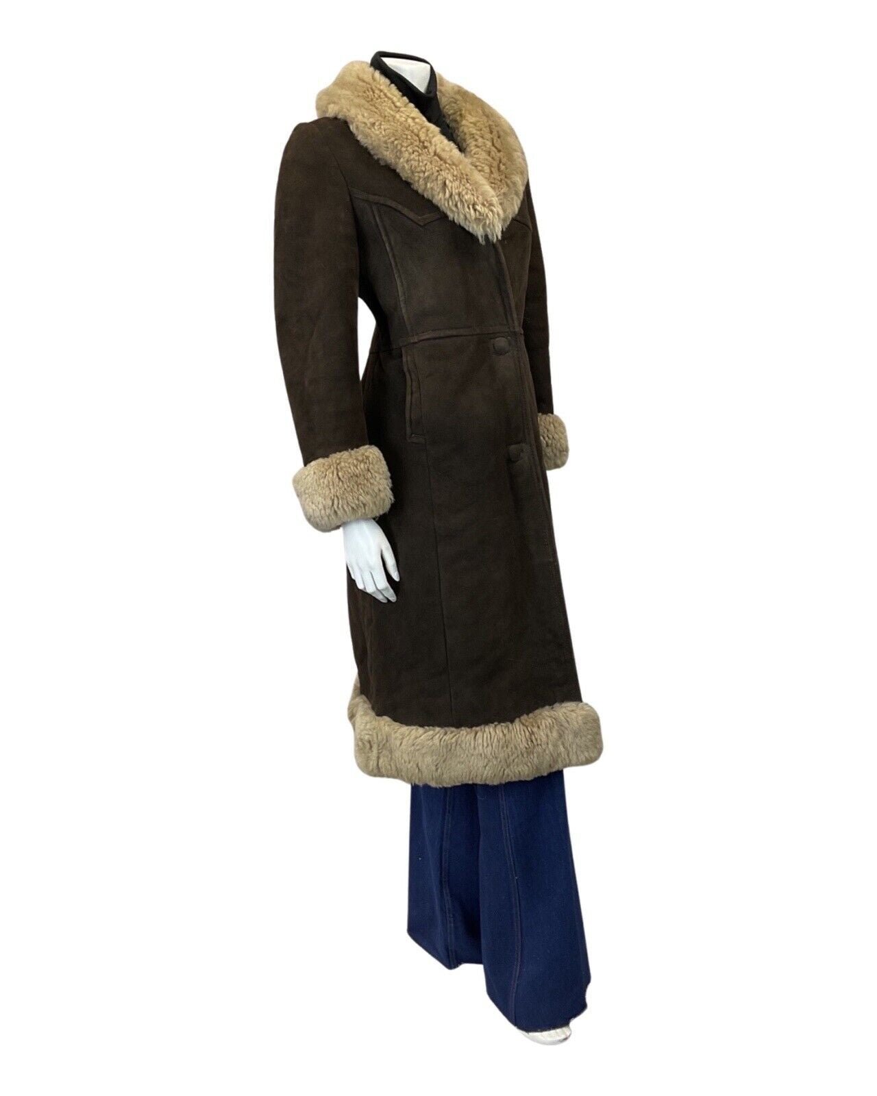 VINTAGE 60s 70s DARK BROWN CREAM BOHO SUEDE LONG SHEARLING PRINCESS COAT 10