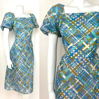 VTG 60s GEOMETRIC CRISS CROSS BLUE GOLD WHITE 10