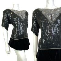 VINTAGE 60s 70s BLACK SILVER IRIDESCENT SEQUIN BEADED DISCO STUDIO 54 TOP 18 20