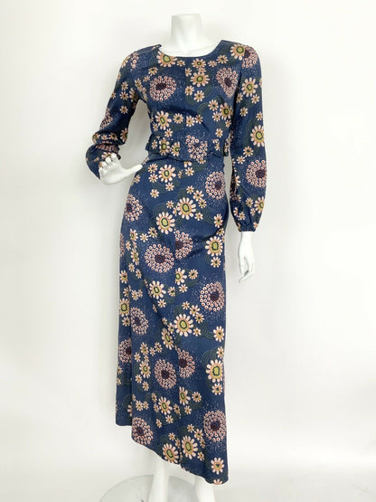 VTG 60s 70s BLUE PINK GREEN PSYCHEDELIC DAISY FLORAL PEPLUM RUFFLE MAXI DRESS 10