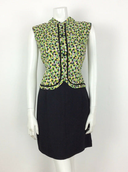 VTG 60S BLACK GREEN PINK YELLOW GEOMETRIC MOD DRESS 12