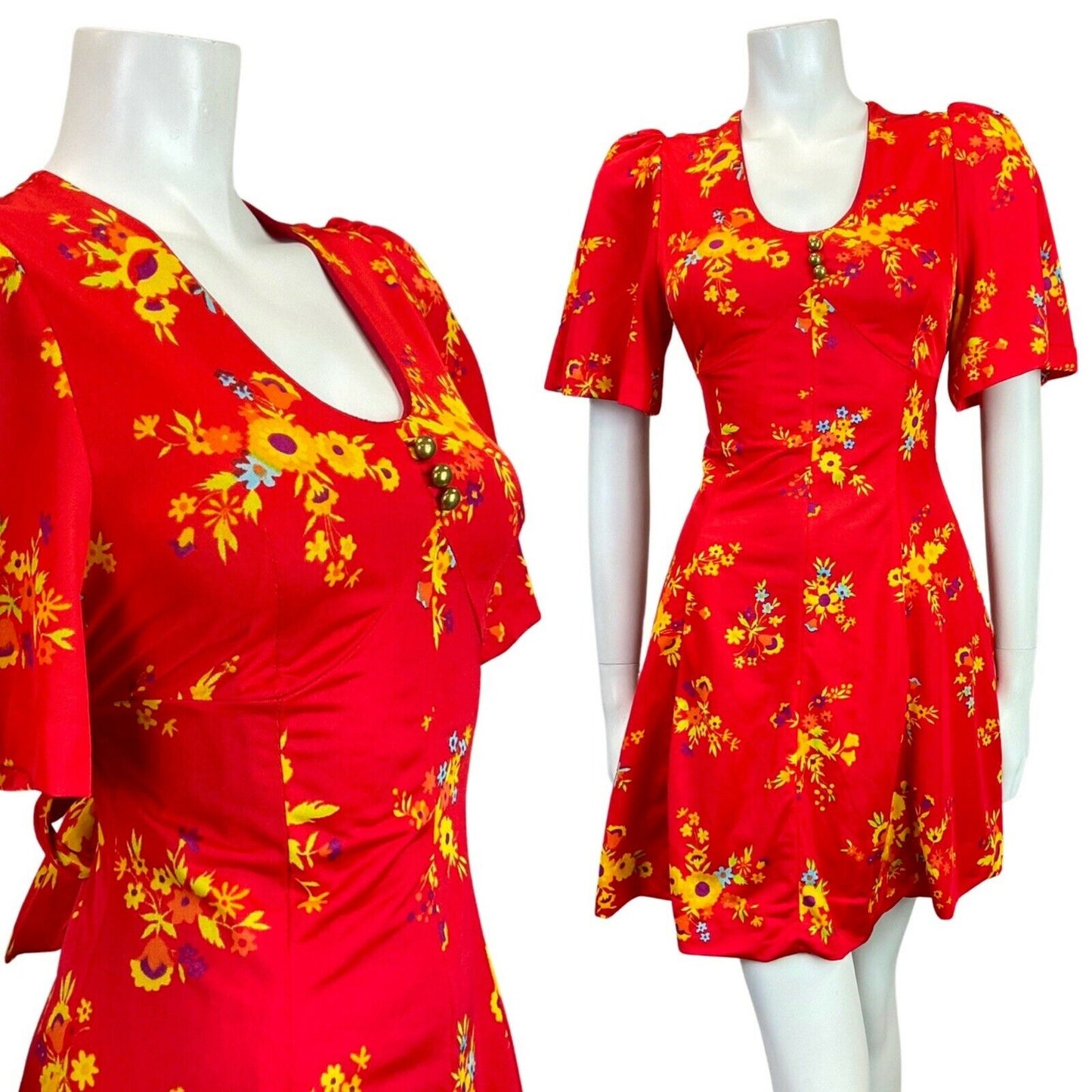 VINTAGE 60s 70s RED YELLOW BLUE FLORAL BELL SLEEVE MOD MINI SWING DRESS 8