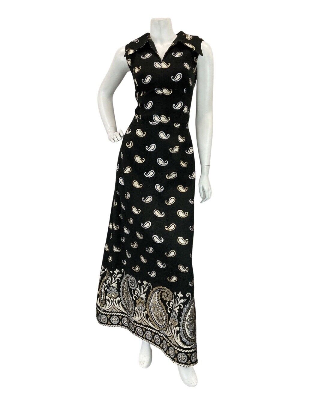 VTG 60s 70s BLACK SILVER GOLD PAISLEY DAGGER COLLAR SLEEVELESS MAXI DRESS 10 12