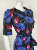 VTG 60s 70s BLACK PINK RED BLUE SILVER FLORAL TULIP ROSE LUREX PARTY DRESS 8 10