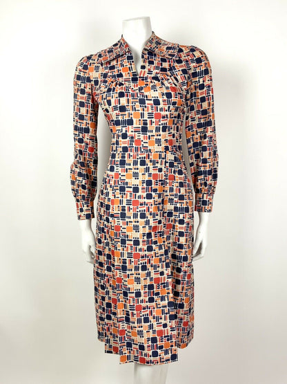 VINTAGE 60s 70s BLUE ORANGE RED BEIGE GEOMETRIC MOD DAGGER SHIRT DRESS 10 12