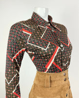 VTG 60s 70s BLACK WHITE RED GEOMETRIC STRIPED DOTTY DAGGER SHIRT BLOUSE 10 12