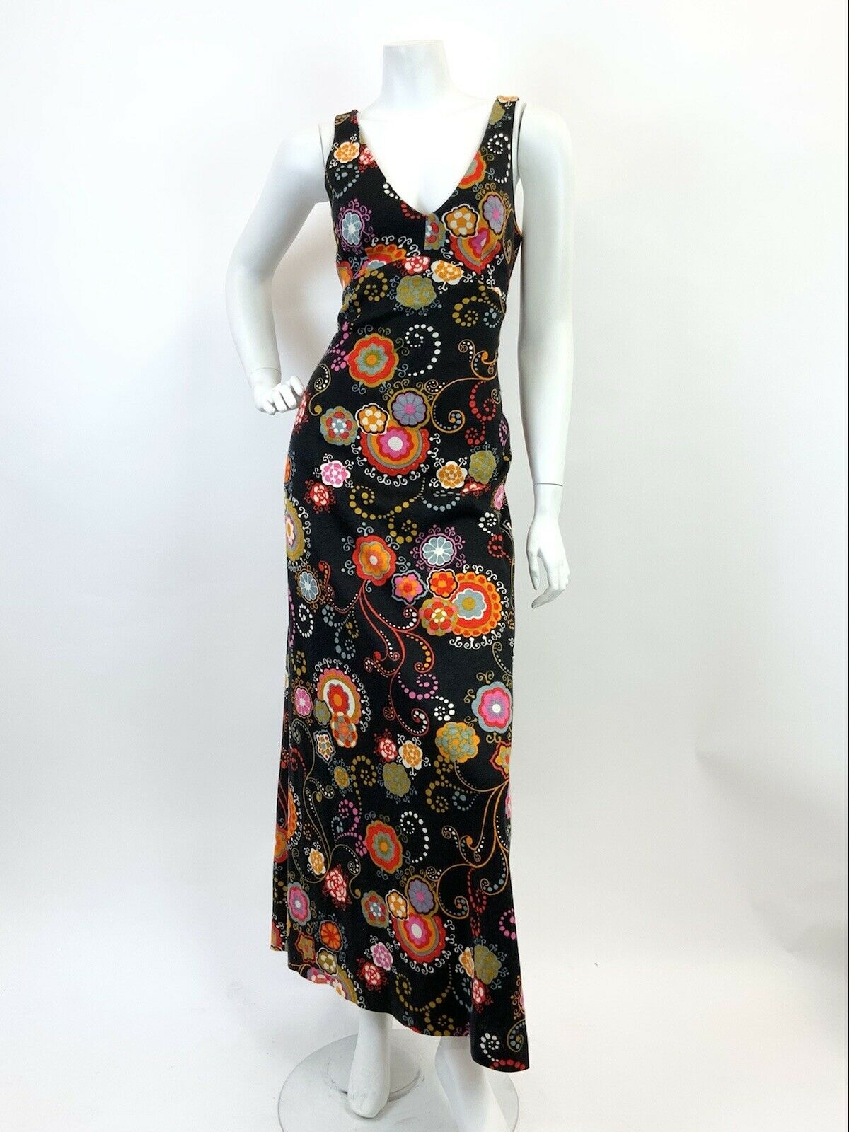 VTG 60s 70s BLACK PINK ORANGE RED PSYCHEDELIC FLORAL DOTTY EMPIRE MAXI DRESS 8