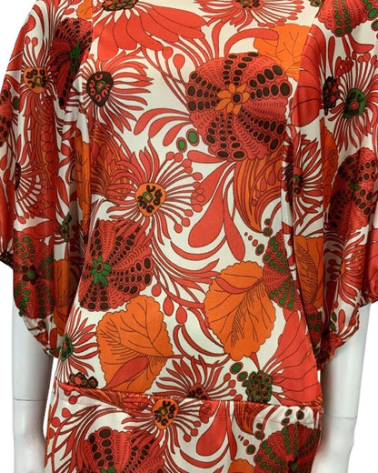 VTG 60s 70s WHITE RED ORANGE GREEN FLORAL PSYCHEDELIC BACKLESS MINI DRESS 8 10