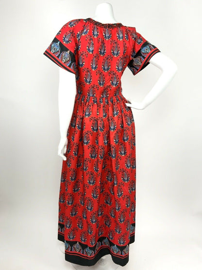 VTG 60s 70s RED NAVY BLUE BEIGE FLORAL PAISLEY PSYCHEDELIC MAXI DRESS 10 12