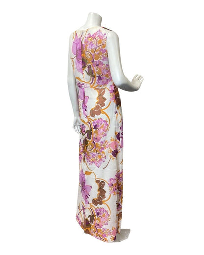 VINTAGE 60s 70s WHITE PURPLE YELLOW FLORAL VINE SLEEVELESS SUMMER MAXI DRESS 12