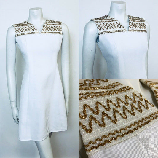 VINTAGE 1960S WHITE GOLD MOD MINI SHIFT DRESS 8 10