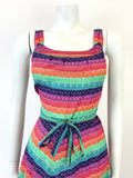 VTG 60s 70s GREEN BLUE RED RAINBOW STRIPED STRAPPY APRON SUMMER SUN DRESS 6 8