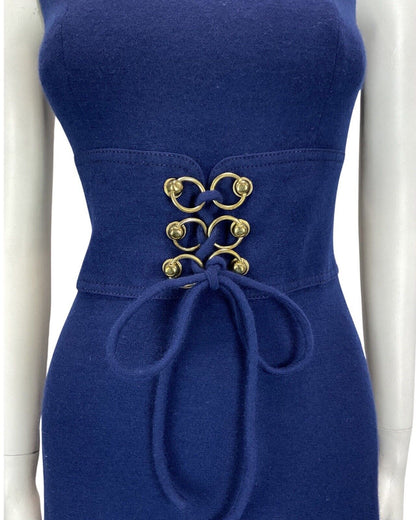 VINTAGE 60s 70s NAVY BLUE GOLD LACE-UP SLEEVELESS MOD KNEE-LENGTH WOOL DRESS