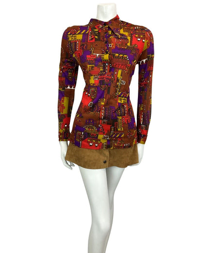 VINTAGE 60s 70s BROWN RED PURPLE DAGGAR COLLAR PSYCHEDELIC BOHO SHIRT 12 14