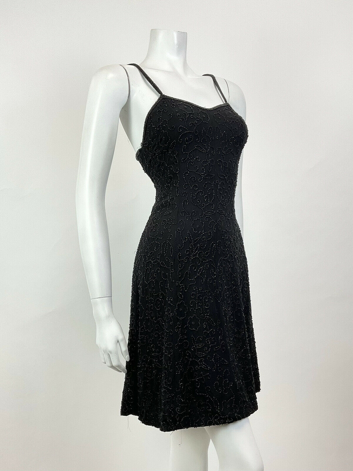 VINTAGE 70s 80s BLACK FLORAL VINE BEADED SPAGHETTI STRAP PARTY MINI DRESS 8