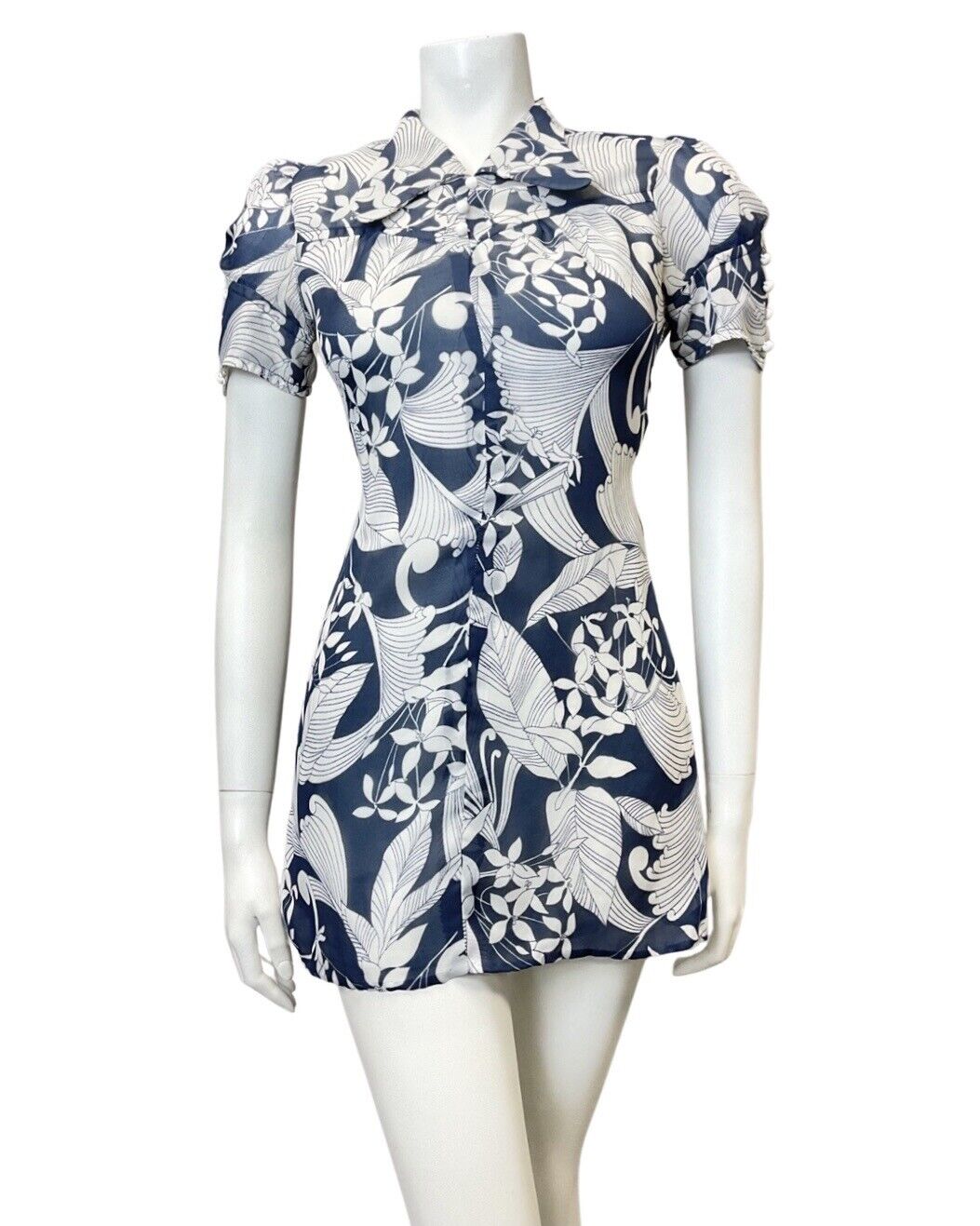 VINTAGE 60s 70s BLUE WHITE FLORAL LEAFY BEAGLE COLLAR MOD MINI DRESS 8 10