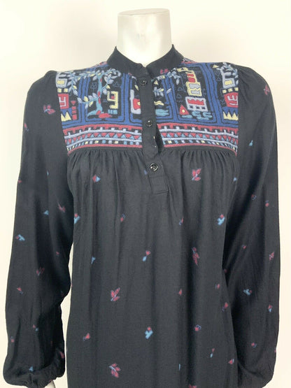 VINTAGE 60s 70s BLACK BLUE RED GEOMETRIC FLORAL KAFTAN BOHO FOLK DRESS 10 12