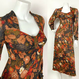 VTG 60s 70s BLACK ORANGE RED GOLD GLITTER LUREX FLORAL SWEETHEART MAXI DRESS 8