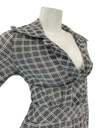 VINTAGE 60s 70s SILVER BLACK GRID CHECKED MOD DAGGER SHIRT MAXI DRESS 12