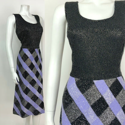 VINTAGE 60s 70s BLACK PURPLE SILVER LUREX CHECKED DISCO PARTY DRESS 10 12