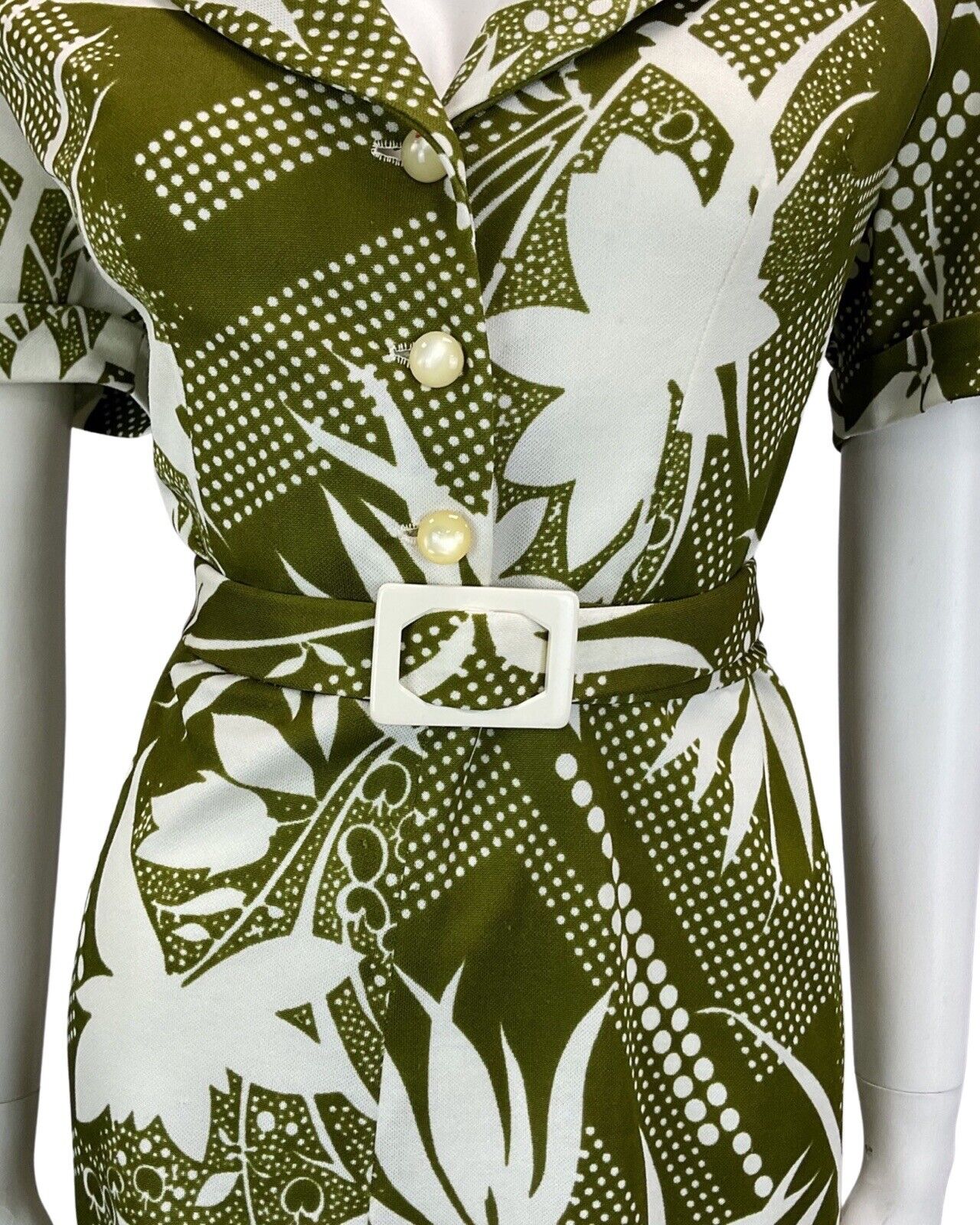 VINTAGE 60S 70S WHITE KHAKI GREEN FLORAL ABSTRACT PRINT BELTED MIDI DRESS 12 14