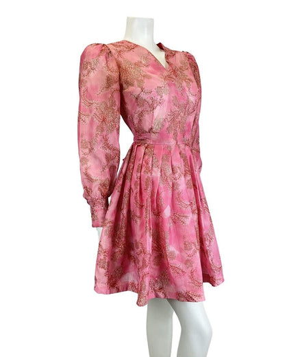 VINTAGE 60s 70s ROSE PINK RED FLORAL DITSY FLOATY SHEER MINI SWING DRESS 6