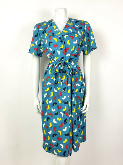 VINTAGE 70s 80s BLUE YELLOW RED WHITE FLORAL DAISY BELTED SHIFT DRESS 14 16