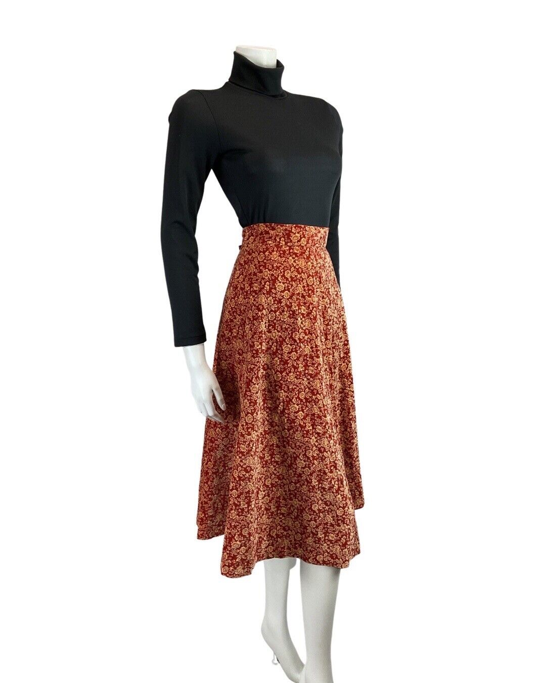 VINTAGE 60s 70s RED CREAM DITSY FLORAL BOHO FOLK VELVET KNEE-LENGTH SKIRT 10 12