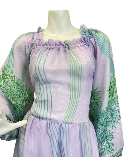 VINTAGE 60s 70s LILAC GREEN BLUE FLORAL BOHO PRAIRIE SUMMER MAXI DRESS 10 12