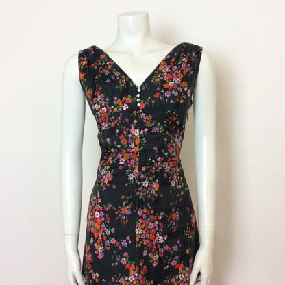 VINTAGE 1970s SLEEVELESS BLACK DITSY FLORAL MAXI DRESS DIAMANTE BUTTONS 8 10