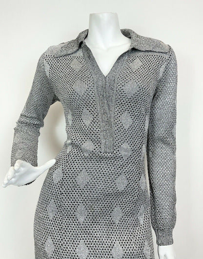 VTG 60s 70s SILVER GOLD MESH MOD DISCO STUDIO 54 DAGGER SHIRT MAXI DRESS 12 14