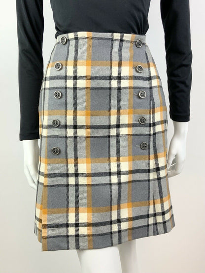 VINTAGE 60s 70s GREY WHITE YELLOW TARTAN PLAID CHECKED MOD SHORT SKIRT 6 8