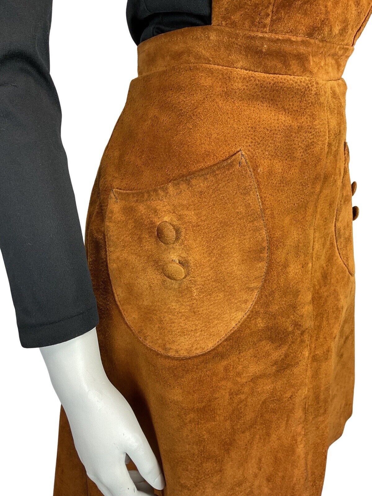 VINTAGE 60s 70s BROWN SUEDE PINAFORE BOHO MOD APRON DRESS 12