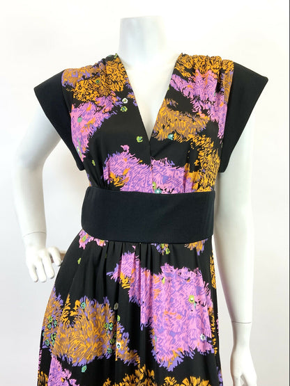 VINTAGE 60s 70s BLACK YELLOW PURPLE FLORAL PSYCHEDELIC MAXI DRESS 8 10