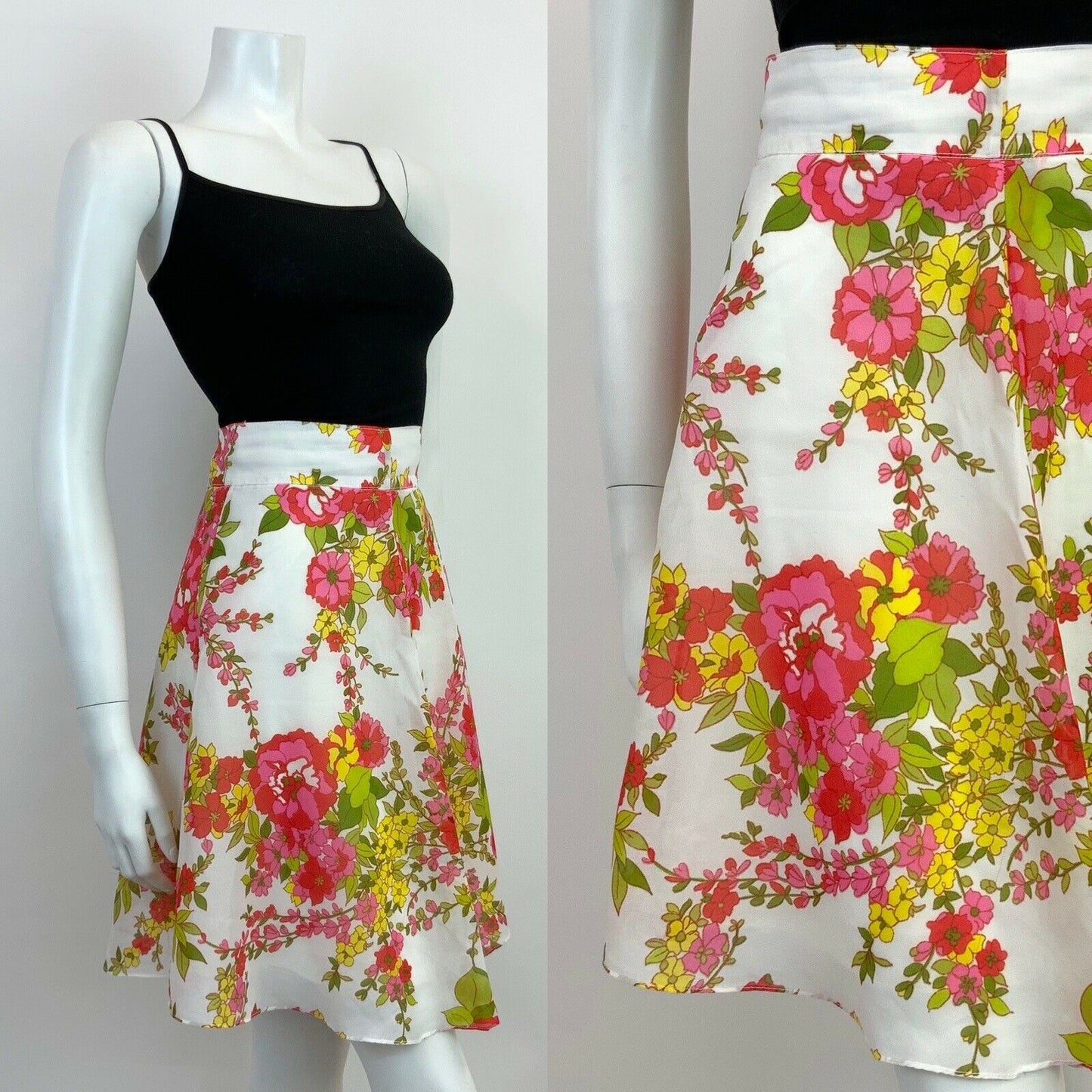 VINTAGE 60s 70s WHITE PINK GREEN RED FLORAL SHEER FLOATY CIRCLE SKIRT 6 8