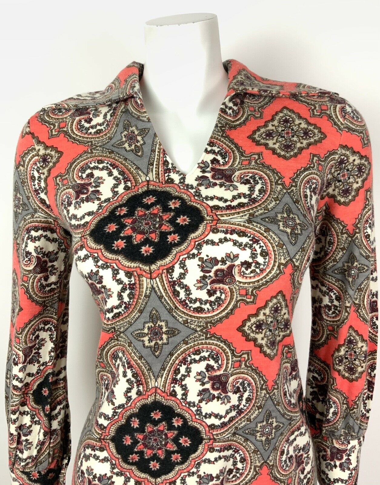 VINTAGE 60s 70s GREY ORANGE BLACK FLORAL TILE WING COLLAR SHIFT MINI DRESS 12 14