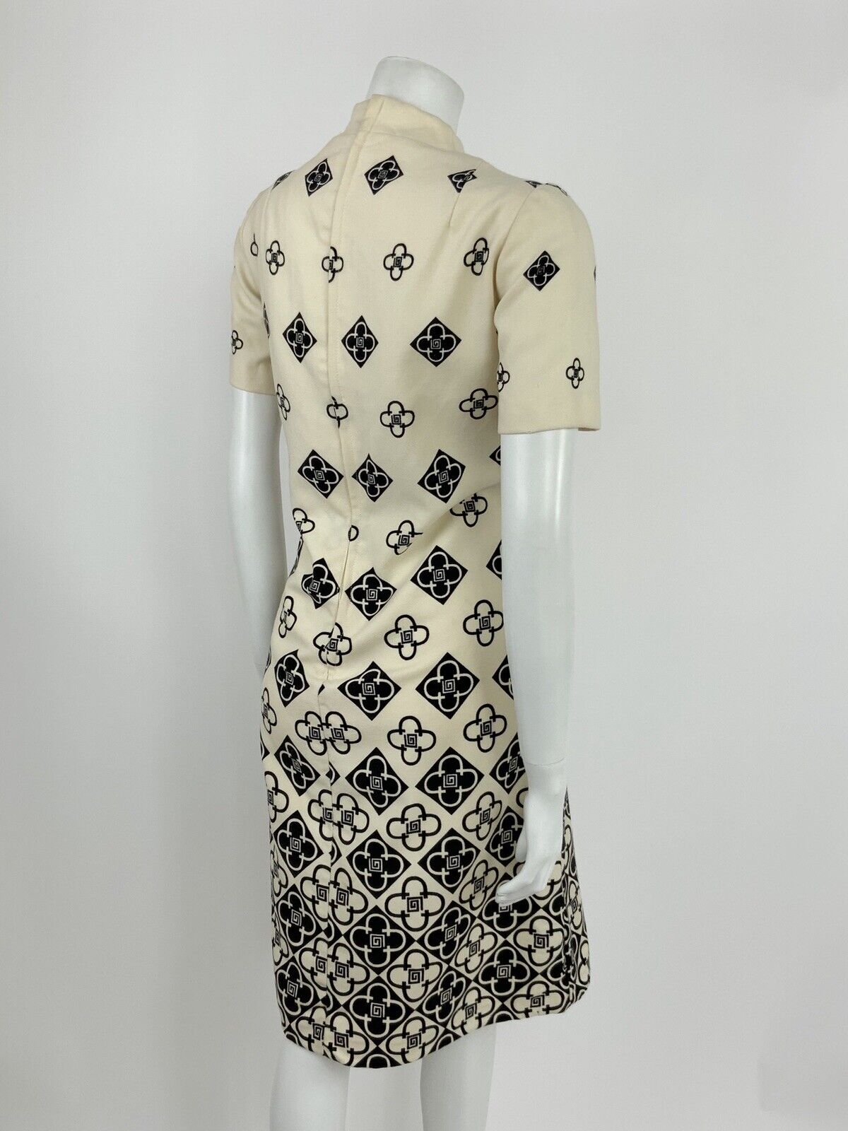 VINTAGE 60s 70s CREAM BLACK GEOMETRIC CHECKED FLORAL MANDARIN COLLAR DRESS 10 12