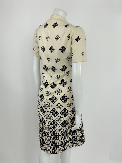 VINTAGE 60s 70s CREAM BLACK GEOMETRIC CHECKED FLORAL MANDARIN COLLAR DRESS 10 12