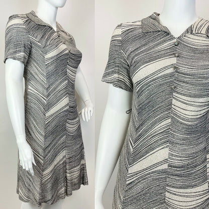 VINTAGE 60s 70s SILVER BLACK WHITE STRIPED LUREX PARTY GLAM SHIRT DRESS 16