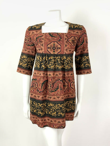 VTG 60s 70s BROWN BLACK GOLD AZTEC EMPIRE TENT TRAPEZE MICRO MINI DRESS 10 12