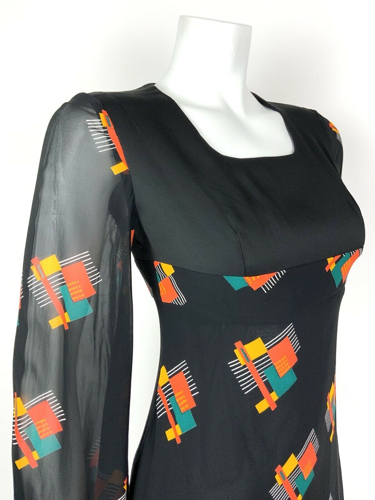 VTG 60s 70s BLACK ORANGE GREEN GEOMETRIC SHEER ANGEL SLEEVE EMPIRE LINE DRESS 8