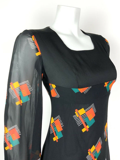 VTG 60s 70s BLACK ORANGE GREEN GEOMETRIC SHEER ANGEL SLEEVE EMPIRE LINE DRESS 8