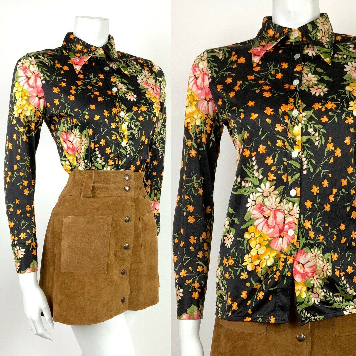 VTG 60s 70s BLACK PINK ORANGE GREEN FLORAL DITSY DAISY DAGGER COLLAR SHIRT 8 10