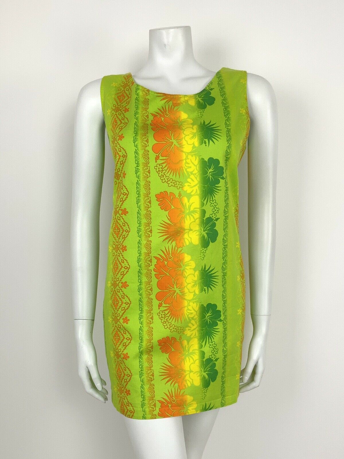 VTG 60s 70s LIME GREEN NEON ORANGE YELLOW FLORAL TROPICAL HAWAIIAN DRESS 10 12